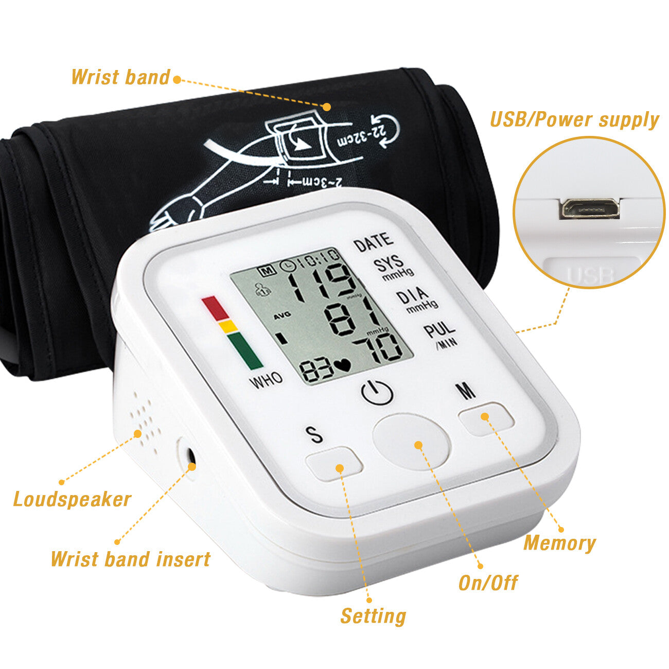 Automatic Upper Arm Blood Pressure Monitor Pulse Meter BP Machine Voice Talking